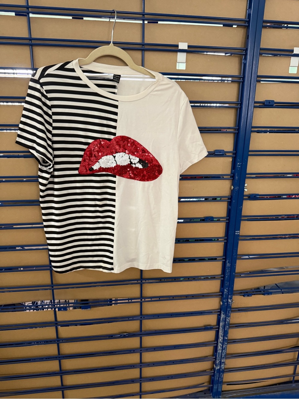 SHEIN Black & White Striped Half-Panel Tee with Red Sequin Lips